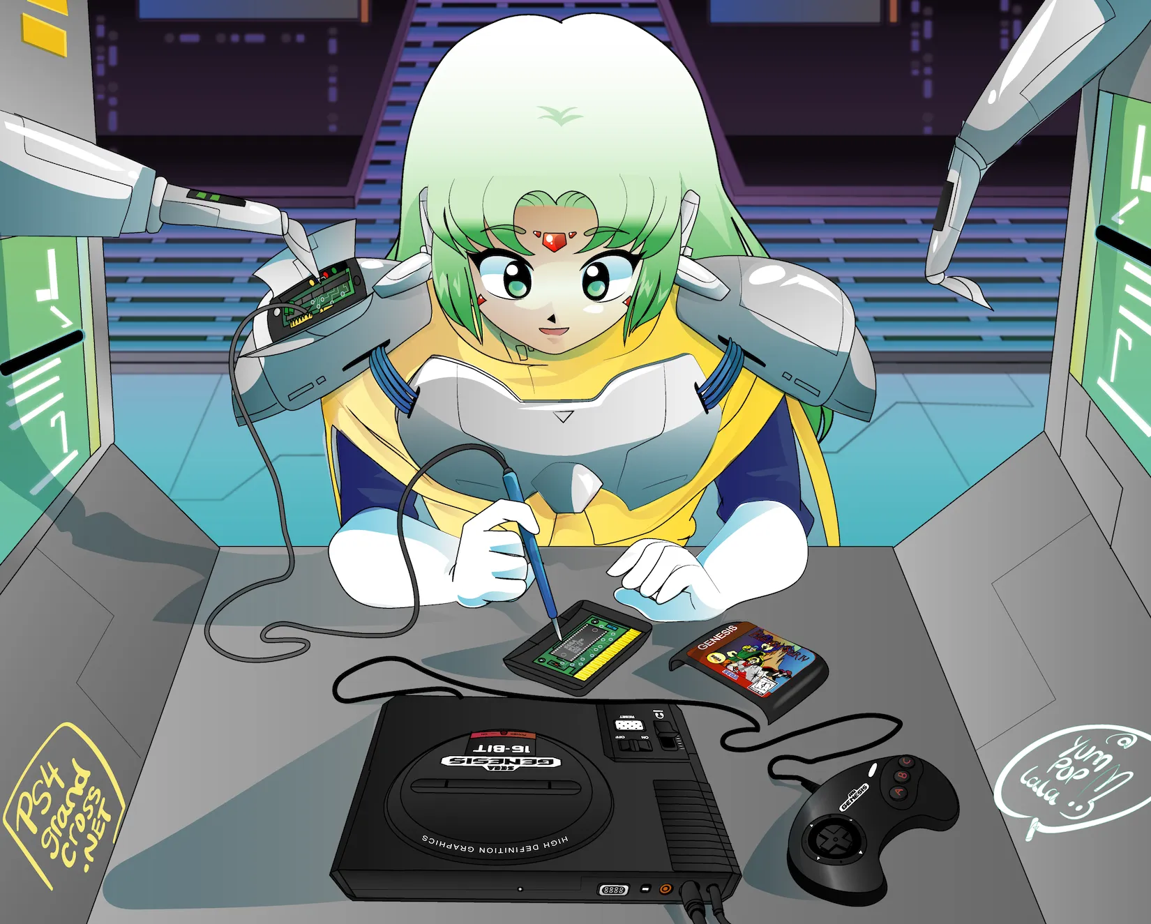 Demi deconstructs a Phantasy Star IV cartridge in her workshop.